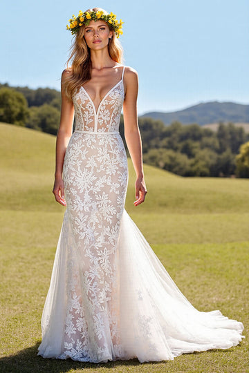 Corset Ivory V Neck Mermaid Lace Wedding Dress